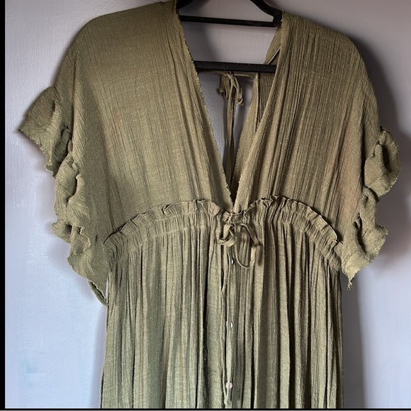 XL Bohemian long Olive gauze semi sheer maxi dress w pockets and ruffle sleeves - Picture 7 of 16